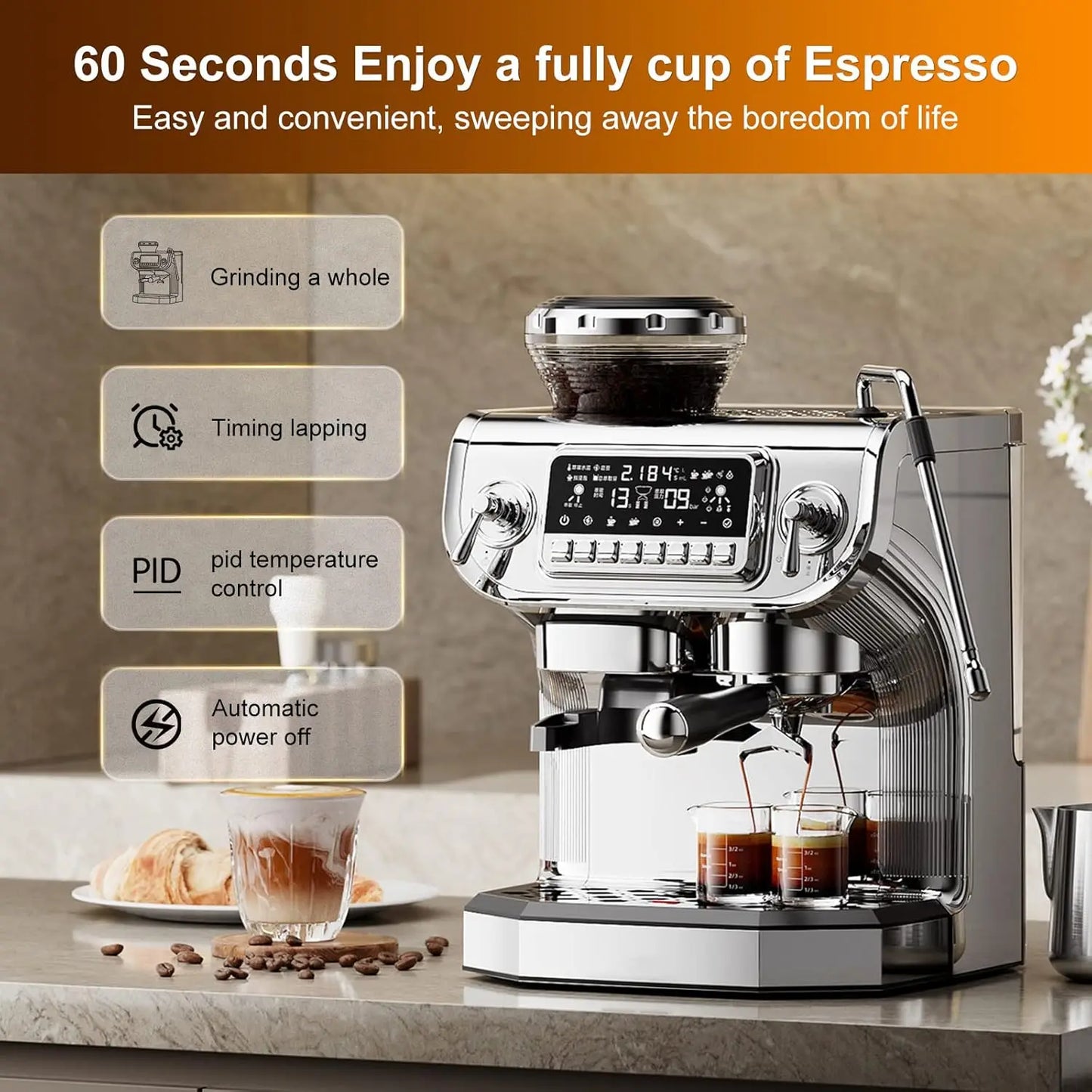 TC530 Espresso Machine with Milk Frother，Semi Automatic Coffee Machine with Grinder,Easy To Use Espresso Coffee Maker with 5.5