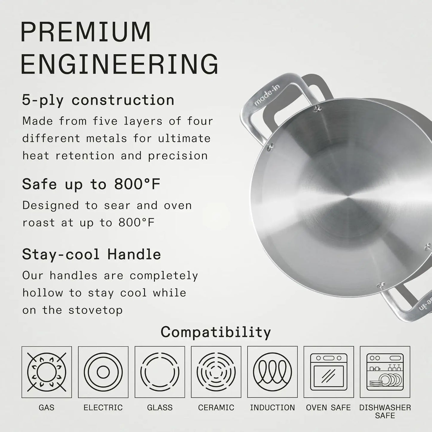 10" Stainless Steel Kadai Pan - 5 Ply Stainless Clad - Professional Cookware - Induction Compatible