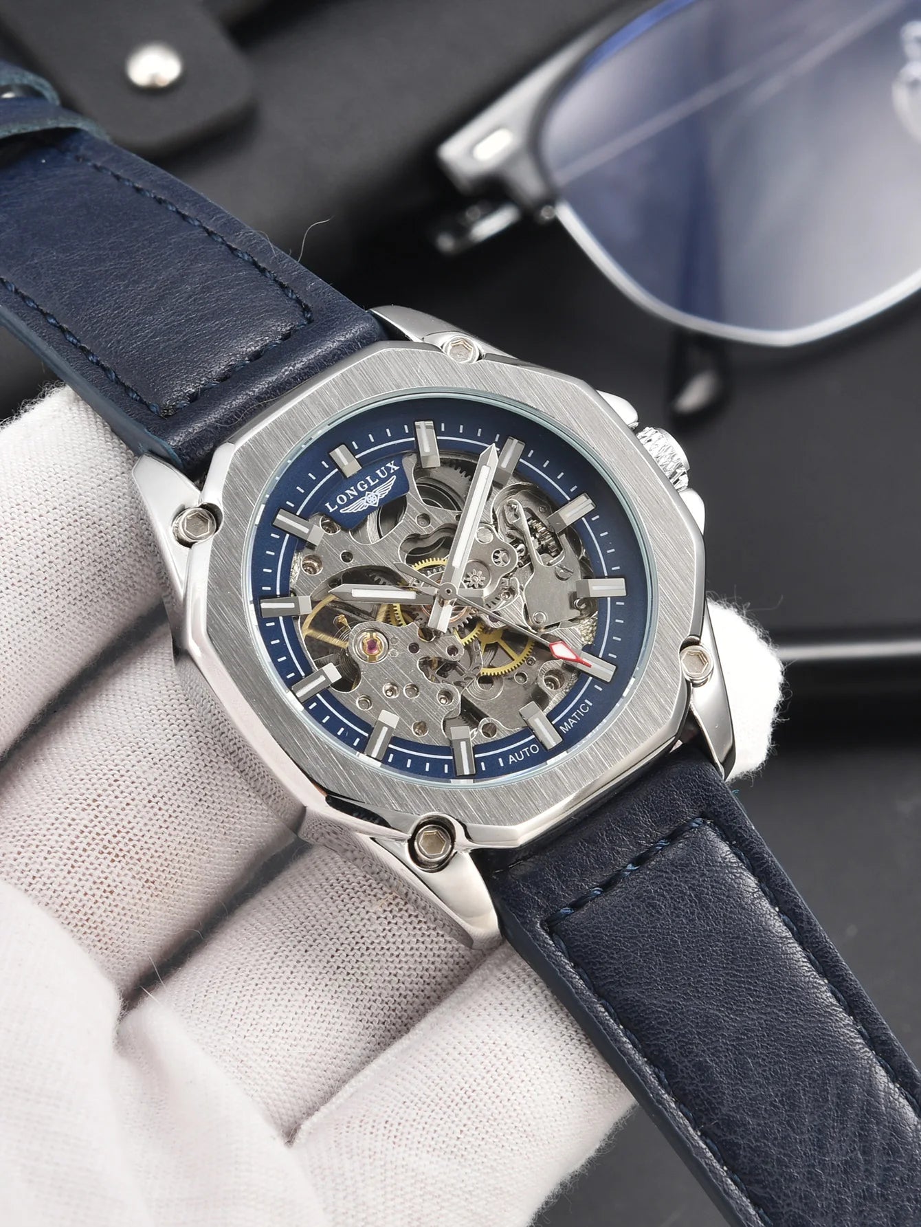 LONGLUX automatic watch sport style wholesale mechanical wristwatches fashion hollow leather mens watch men gift