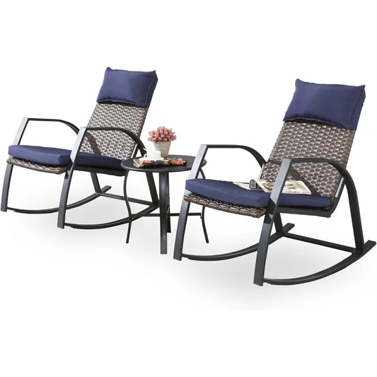 Patio Furniture Set 3 Pieces Outdoor Furniture Cushioned Rocking Chairs with Side Table Pillow All Weather Frame