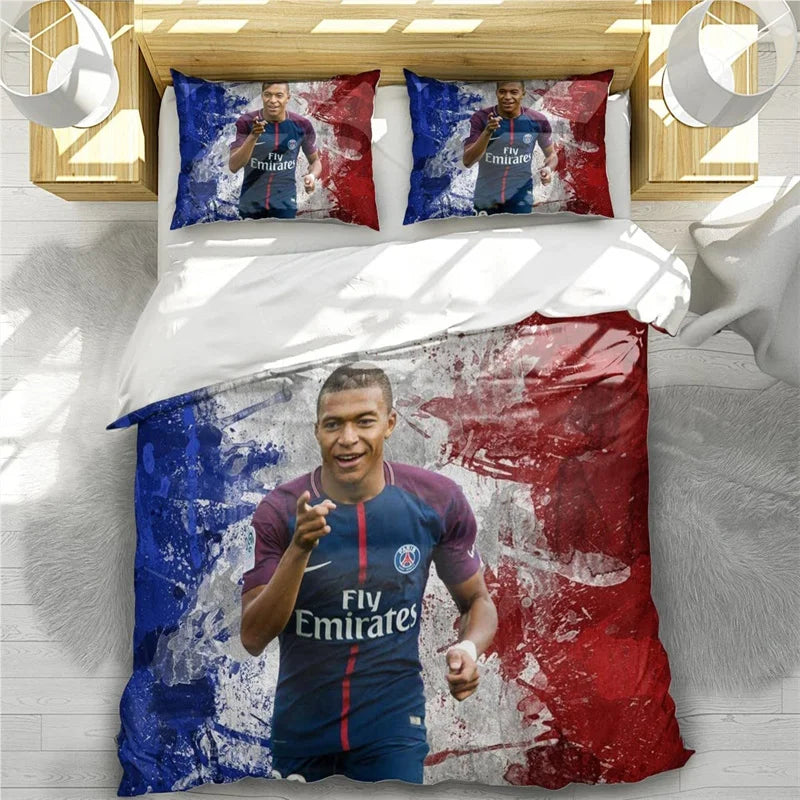 Soccer Star Kylian Mbappe Bedding Set, 3 Piece, Cartoon Themed Duvet Cover, Breathable Microfiber Material and Pillowcases Gift