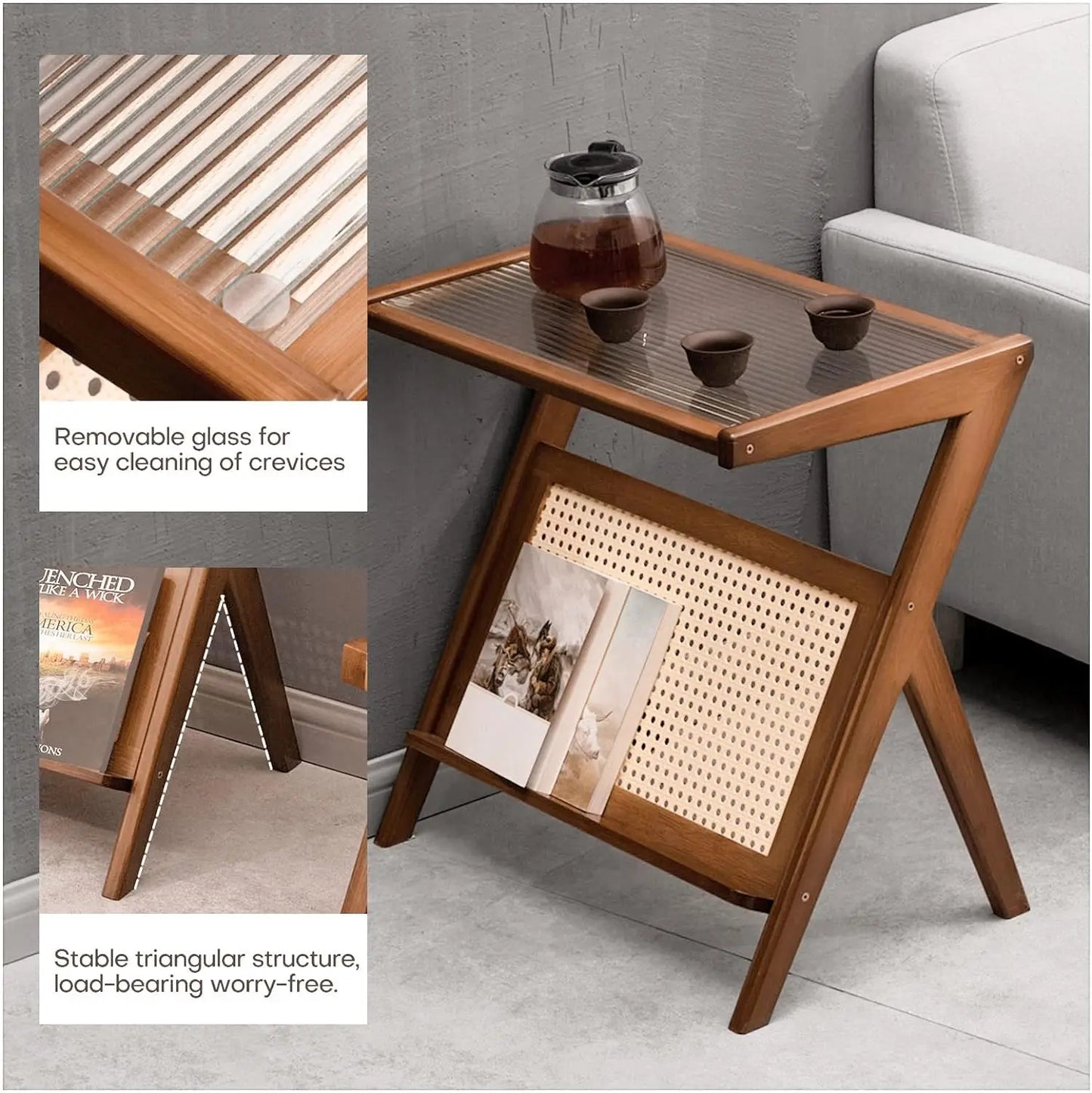 Rattan End Table with Magazine Rack Glass-top Bamboo Sofa Side Table Bedside Z Shaped Coffee Table for Bedroom Living Room Small