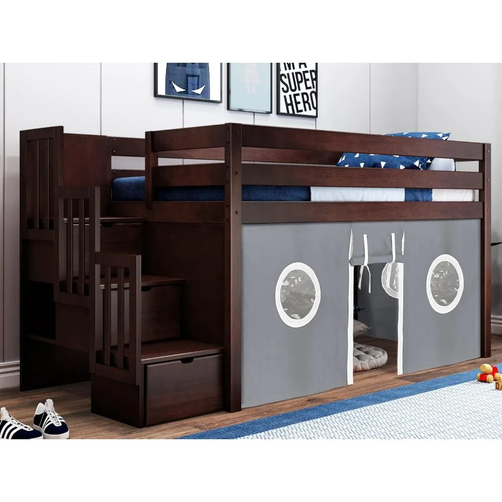 Kids Bed Frame, Contemporary Low Loft Twin Bed with A 3 Drawer Stairway, Cherry with Gray & White Tent, Bed Frame Children
