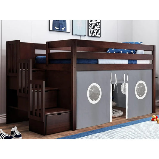 Kids Bed Frame, Contemporary Low Loft Twin Bed with A 3 Drawer Stairway, Cherry with Gray & White Tent, Bed Frame Children