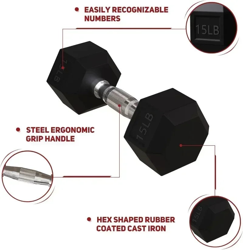 Rubber Coated Hex Dumbbell Free Hand Weight Set w/Storage Rack Multiple Options High quality solid cast dumbbell encased