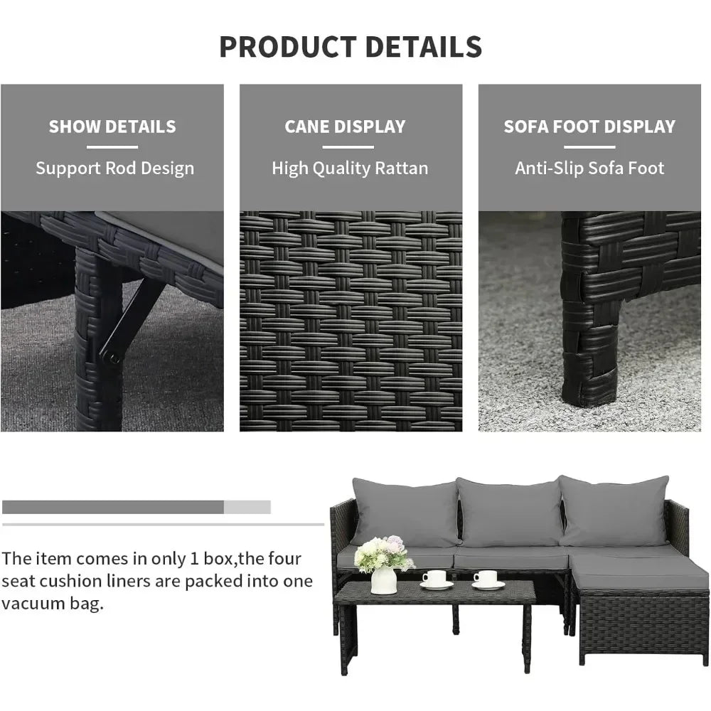 3-Piece Outdoor PE Rattan Furniture Set Patio Black Wicker Conversation Loveseat Sofa Sectional Couch Gray Cushion Garden Sofas