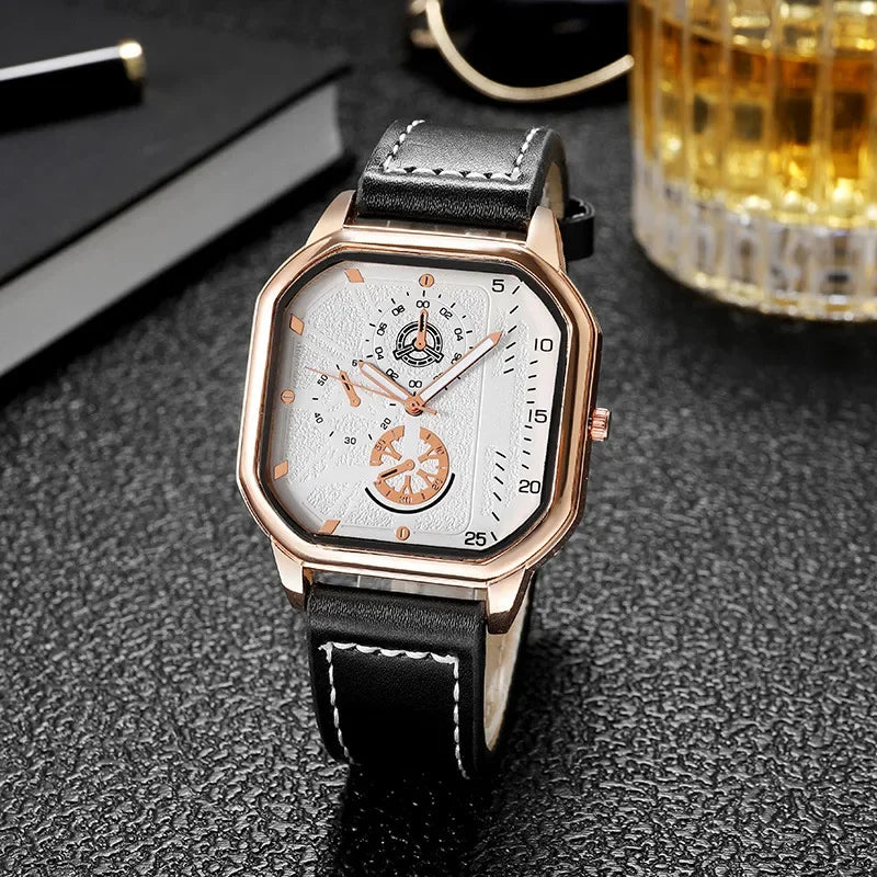 Men Quartz Watches Alloy Dial Business Men Watch PU Leather Strap Square Sports Watch Cool Black Wristwatch for Man Reloj Hombre