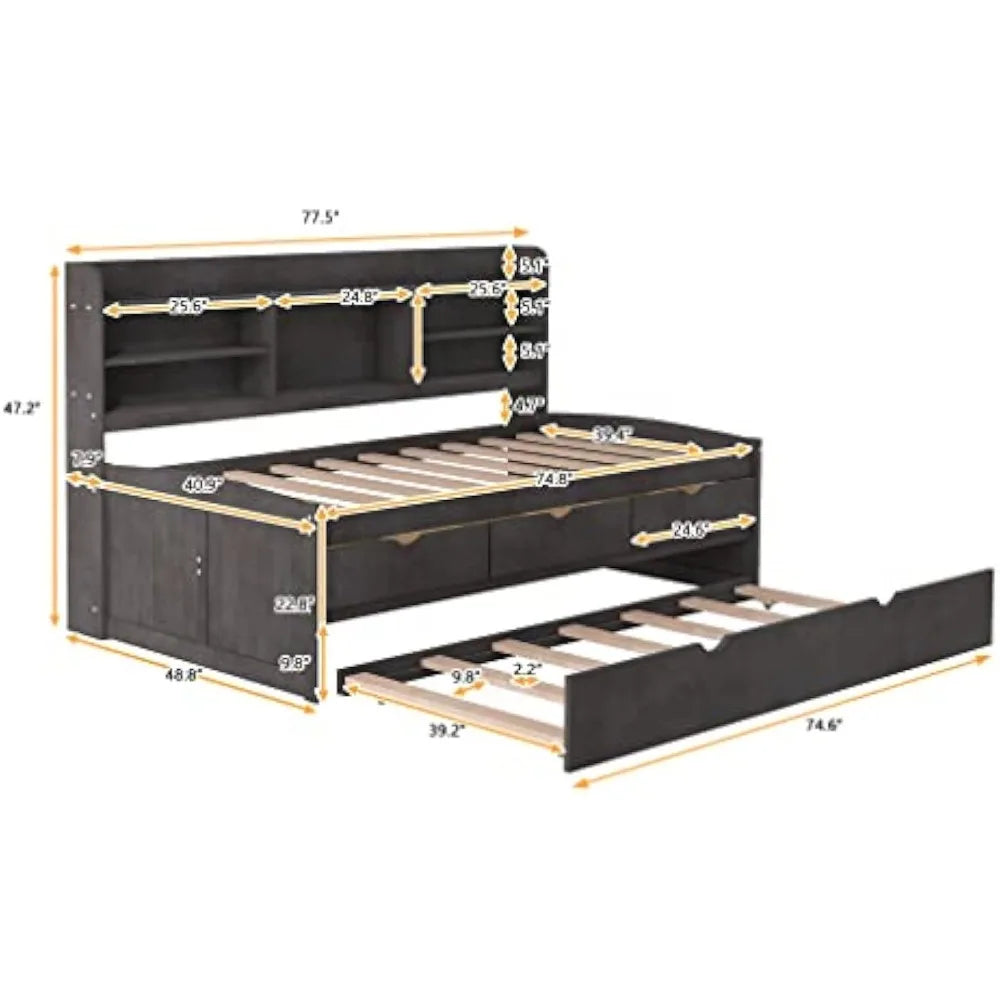 Twin Captain Bed, Twin Beds with Trundle and Storage Drawers Wood Daybed Frame Bookcase Headboard Slats Support for Boys Girls