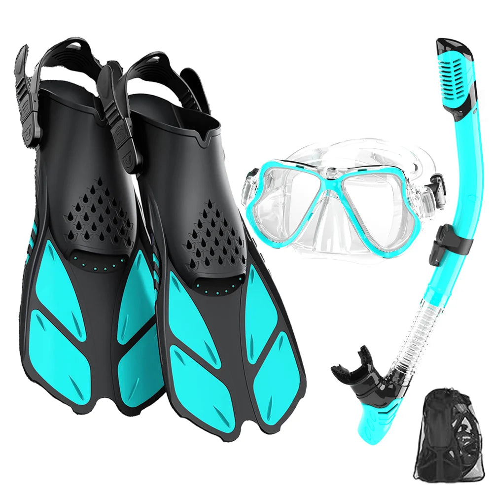 Mask Fin Snorkel Set Snorkeling Gear for Adults with Panoramic View Anti-Fog Mask Trek Fins Dry Top Snorkel and Gear Bag