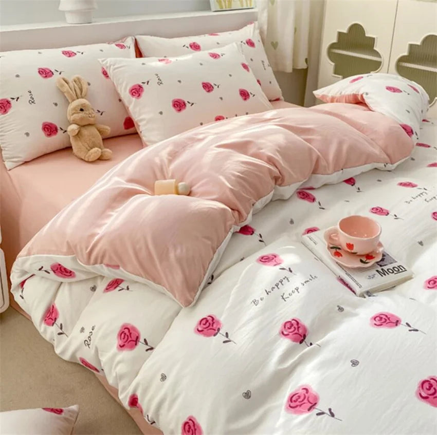 Korean Retro Floral Bedding Set 100% Washed Cotton Bed Sheets Set Soft Duvet Cover Bed Linen Pillowcase Single Double Queen King
