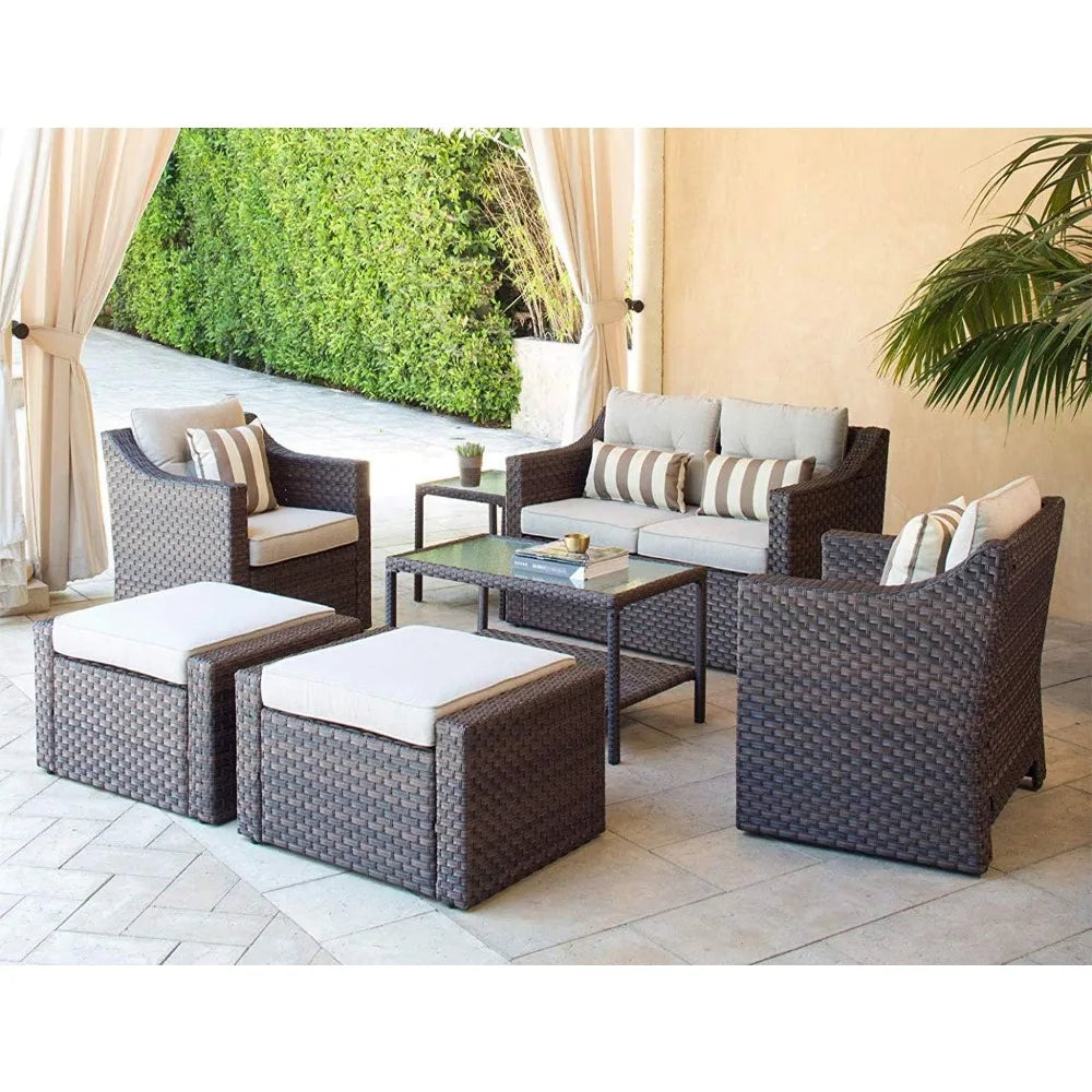 Patio Furniture Set Conversation Set All Weather Wicker Furniture 4 Pieces Sectional Sofa Set with Tempered Glass Coffee Table
