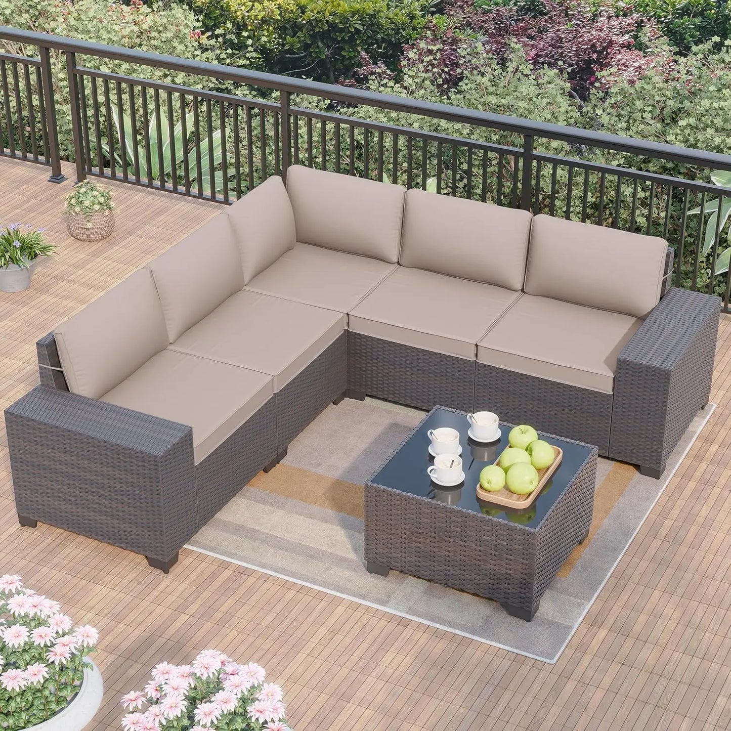 Patio Furniture Modularwith Swivel Chairs Outdoor Sectional Wicker Rattan w/Fire Pit Conversation Sofa Set for Backyard