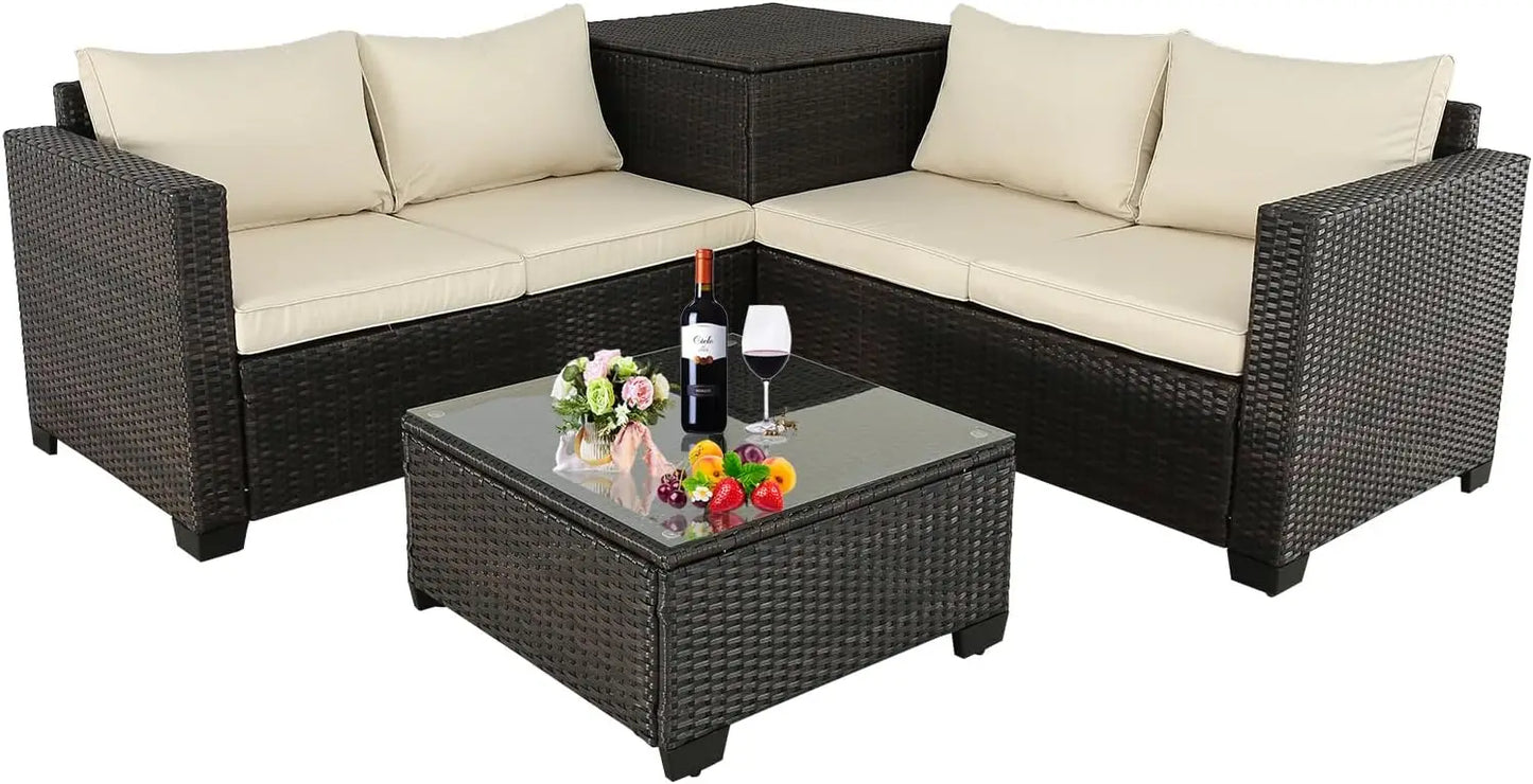 Outdoor Courtyard Furniture Set, Willow Sofa with Cushions and Coffee Table, Garden Outdoor Sofa Set, 4 Pcs