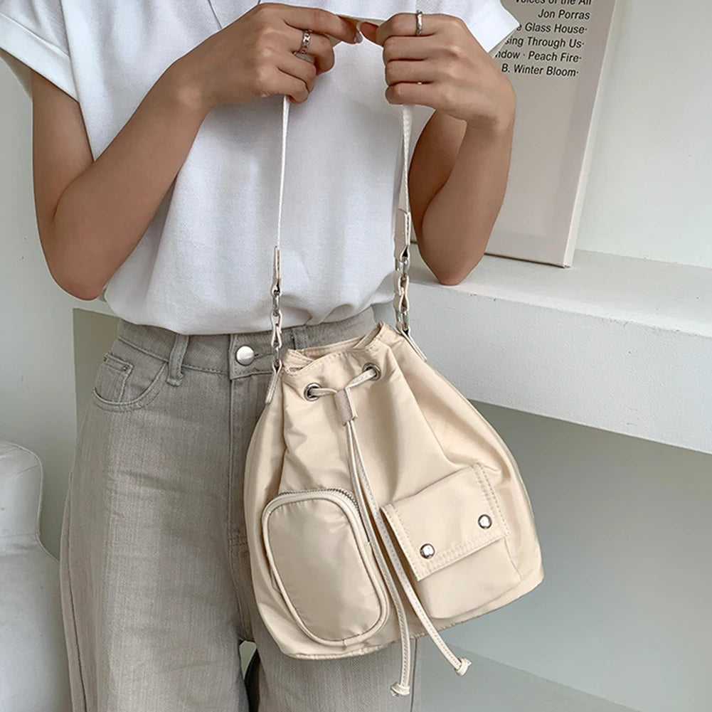 Women Crossbody Bag Drawstring Nylon Ladies Bucket Bag Fashion Temperament Large Capacity Wear-resistant Travel Shoulder Bags