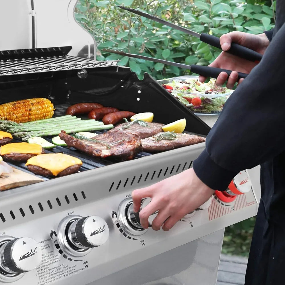 6 burner Propane gas grill with side burner and heating rack, 74,000 btu, cabinet grill for grilling and cooking