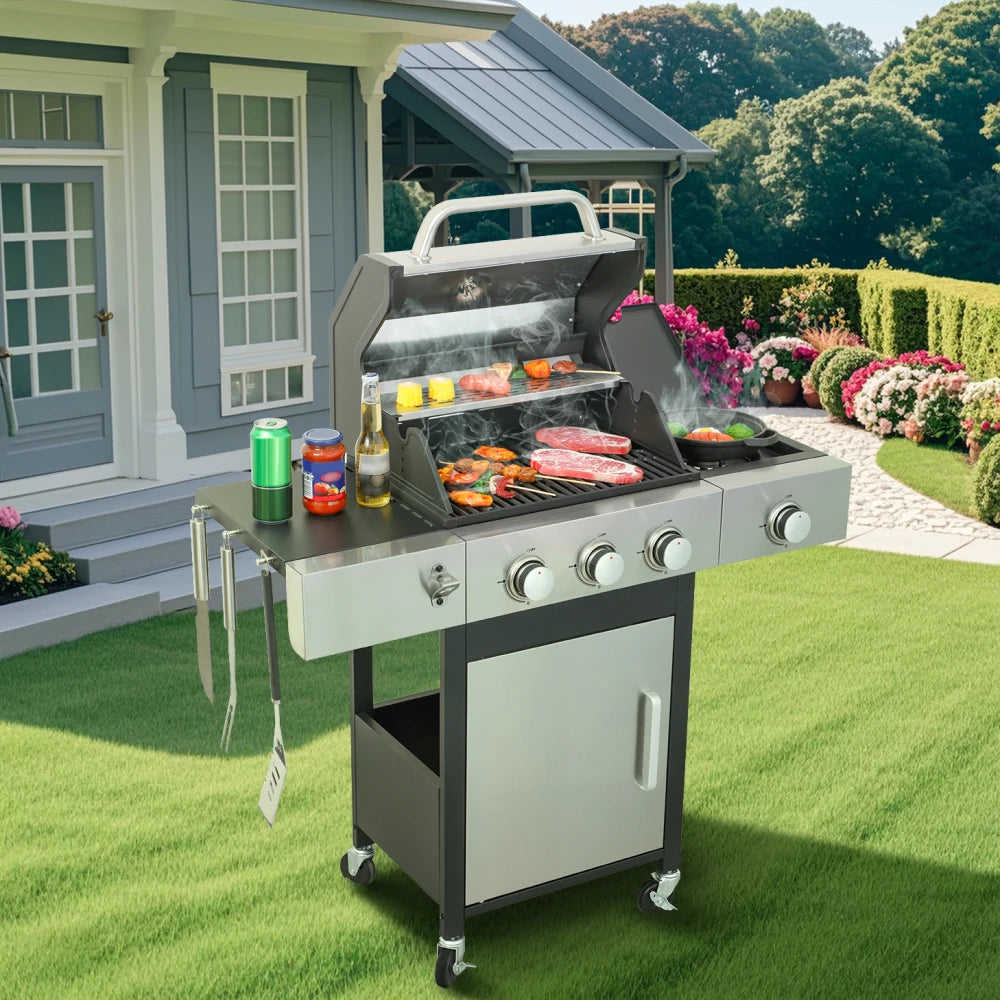 3-Burner Propane Gas BBQ Grill with Side Burner, 37230BTU Output with Enameled Cast Iron Cooking Grids for Outdoor Barbecue BBQ
