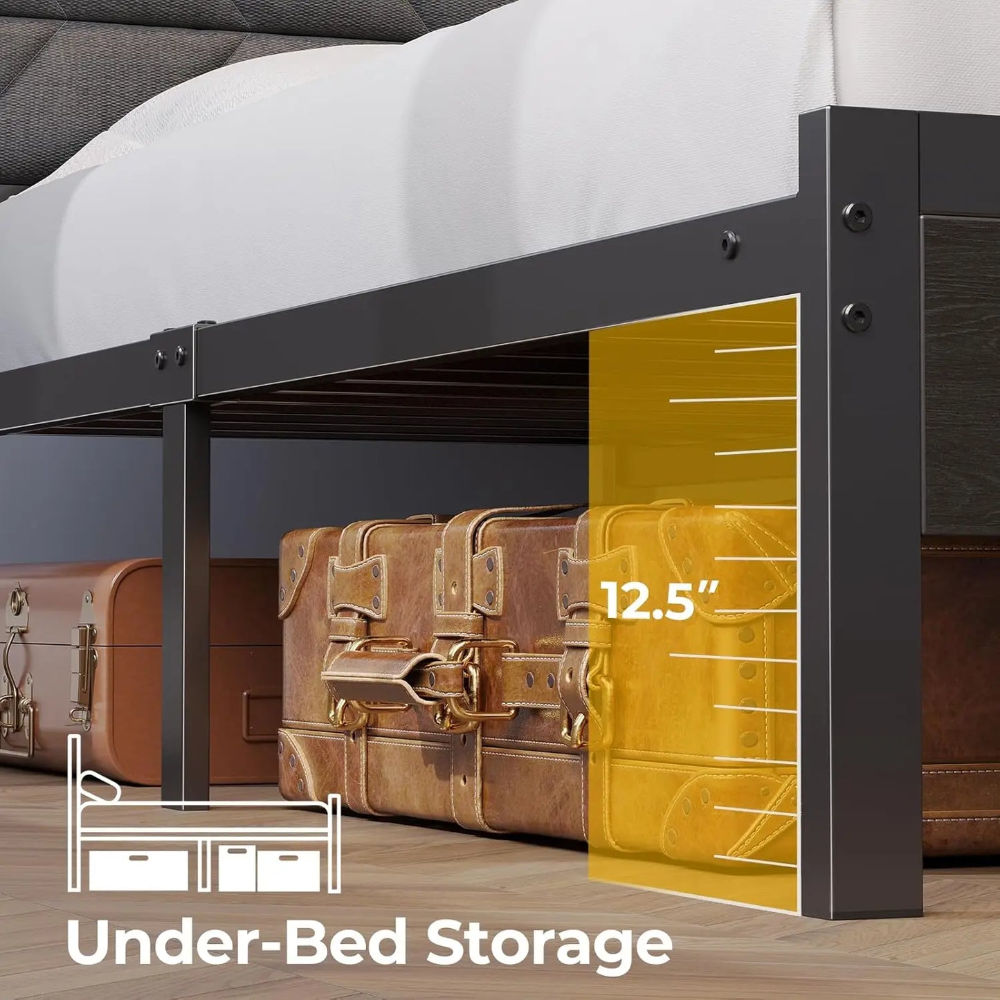 Bed Frame Twin Size with Charging Station, LED Bed with Upholstered Storage Headboard, Metal Platform Bed with Under