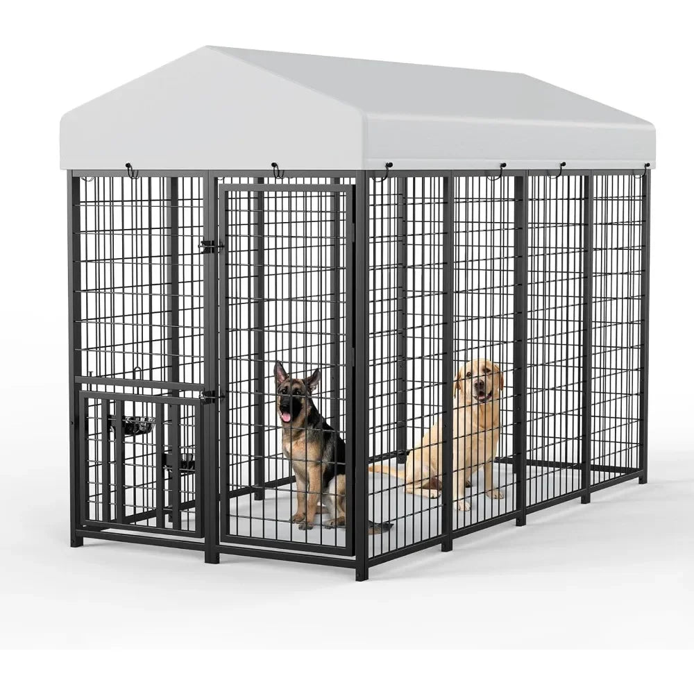 Dog Kennel Outdoor Pet Pens Dogs Run Enclosure Animal Hutch Metal Coop Fence with Roof Cover, Dogs Playpen