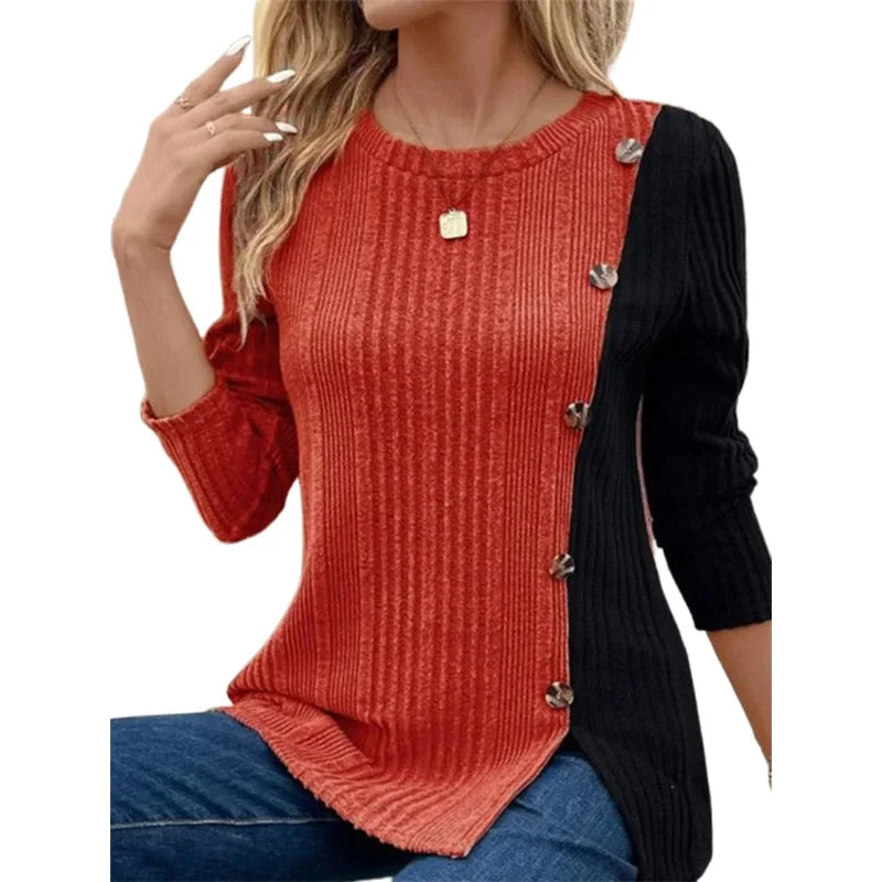 Women's Round Neck Long Sleeved Color Blocked Button T-shirt Daily Office Casual Comfortable Autumn Top