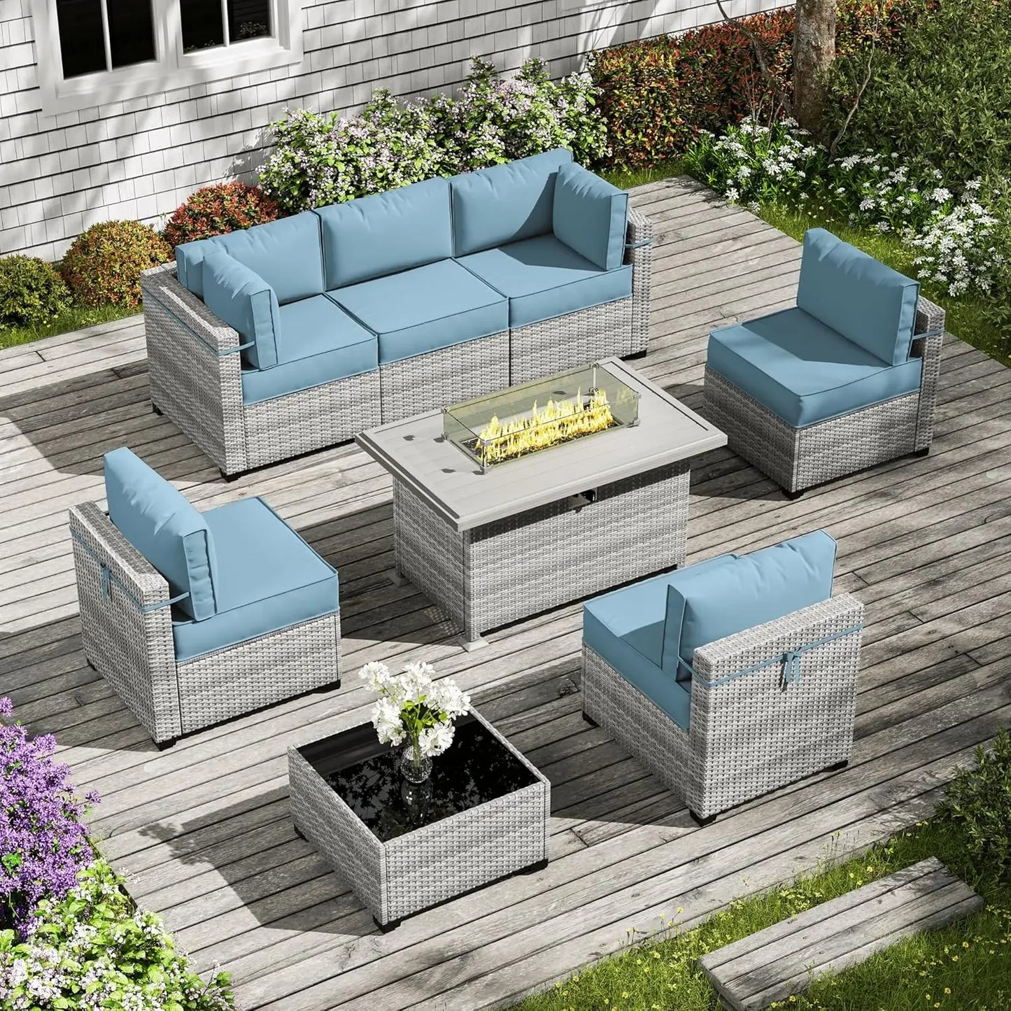 8-Piece Patio Furniture Set With Fire Pit Table, Seat Cushions Light Grey Outdoor Modular Wicker Conversation Set