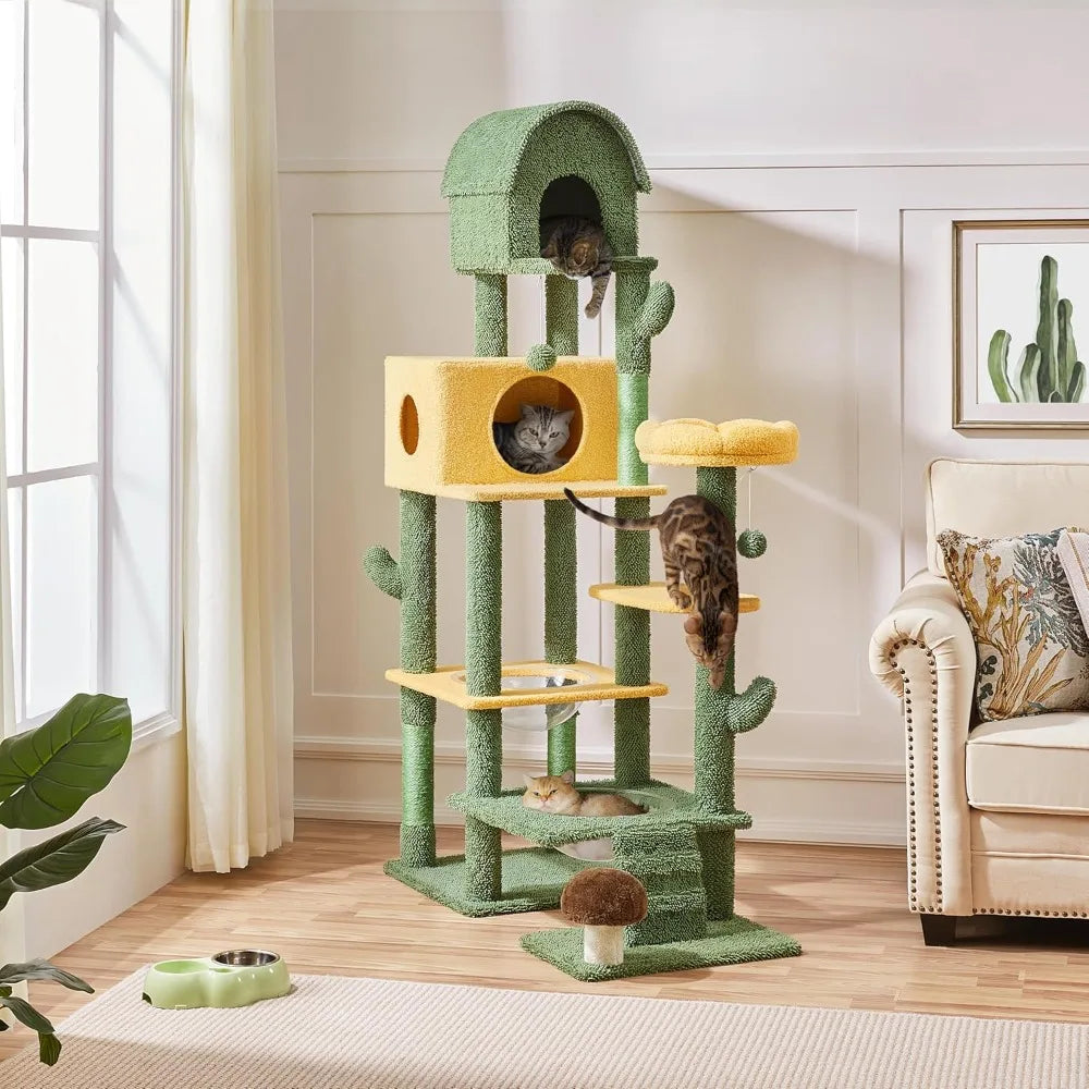 Cactus Cat Tree Large Cat Tree for Indoor Cats, Multi-Level Cat Tower with 2 Large Condo Scratching Posts 2 Acrylic Clear Bowls