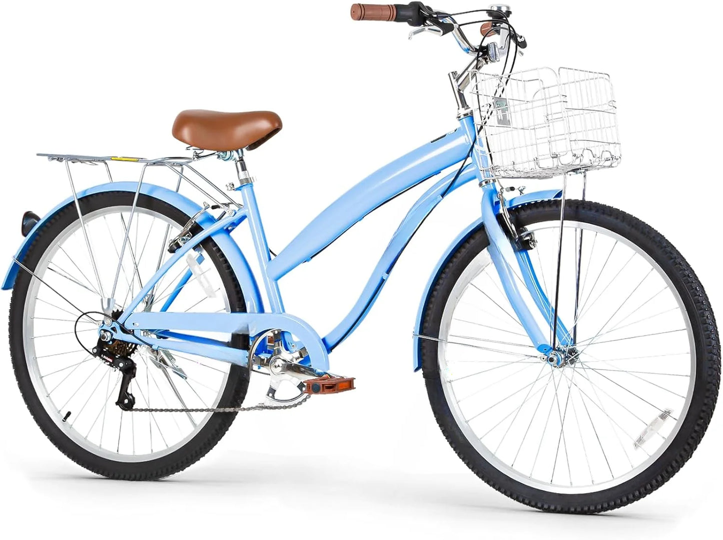 26 Inch Commuter Bicycle for Adult Men and Women, 7-Speed/High-Carbon Steel/Front & Rear Fenders, Comfortable City Bikes