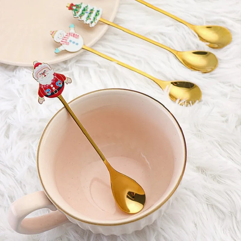 4PCS 304 Stainless Steel Golden Cutlery Christmas Cutlery Coffee Stirring Spoon Christmas Gift Santa Dessert Spoon Kitchenware