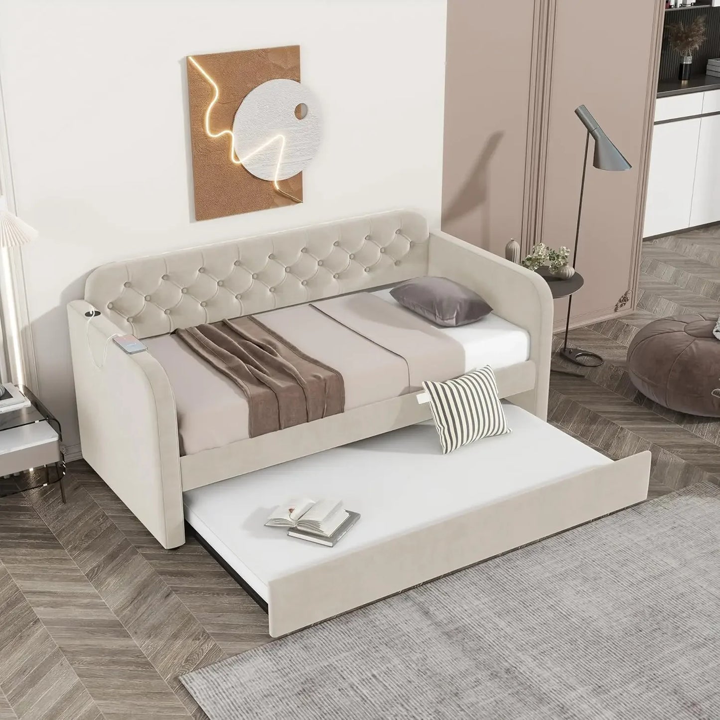 Upholstered Velvet Daybed with Trundle and USB Charging Port - Button Tufted Sofa Frame, No Box Spring Needed, for Bedroom