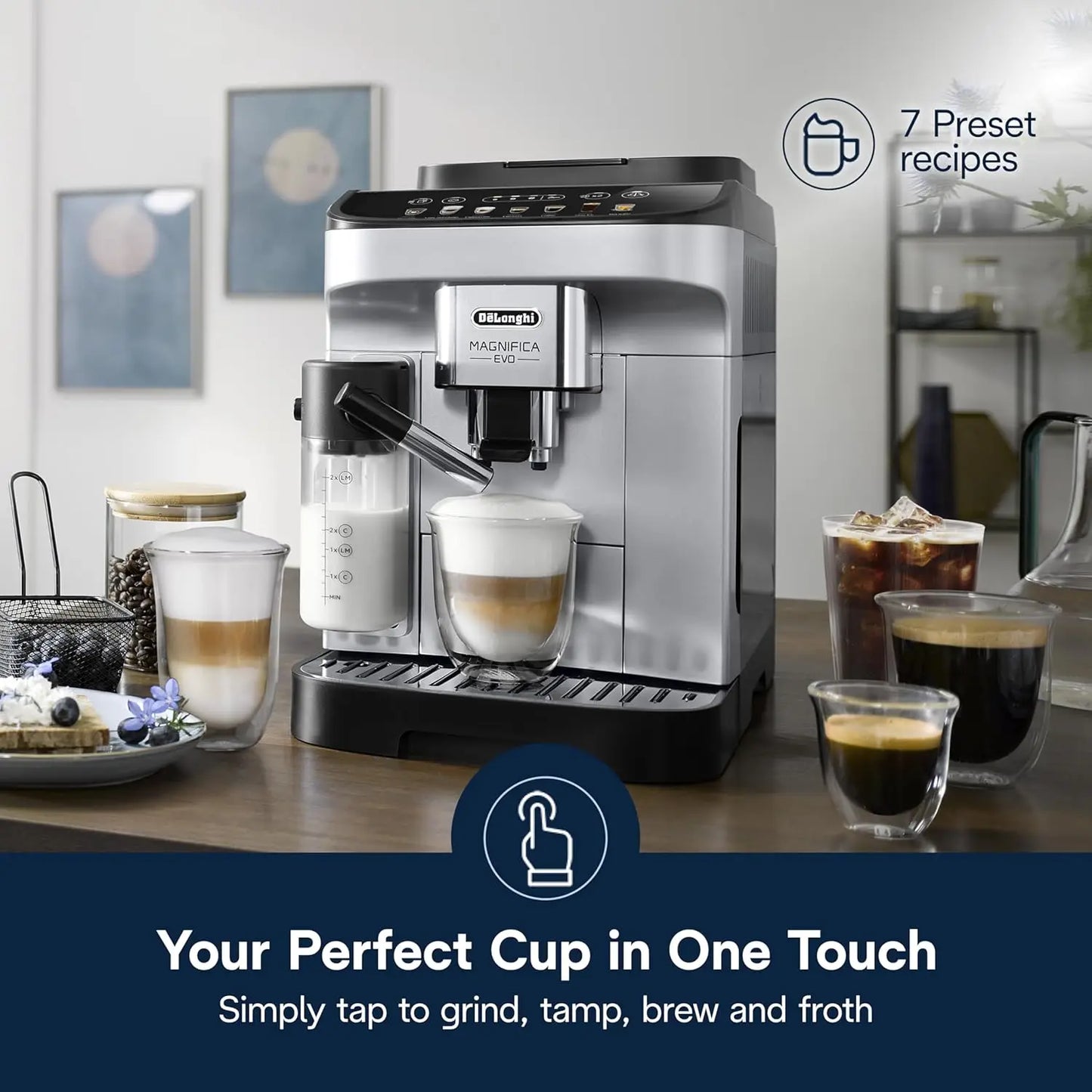 Magnifica Evo Automatic Espresso & Coffee Machine with Automatic Milk Frother for Latte,Cappuccino, Iced Coffee,Built-in Grinder