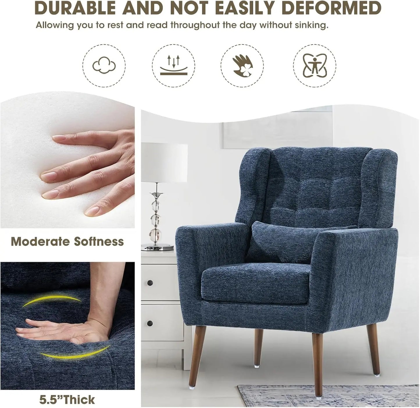 Accent Chairs Set of 2 for Living Room Chenille Upholstered Mordern Armchair Comfy Soft Padded Pillow Solid Wood Leg Blue