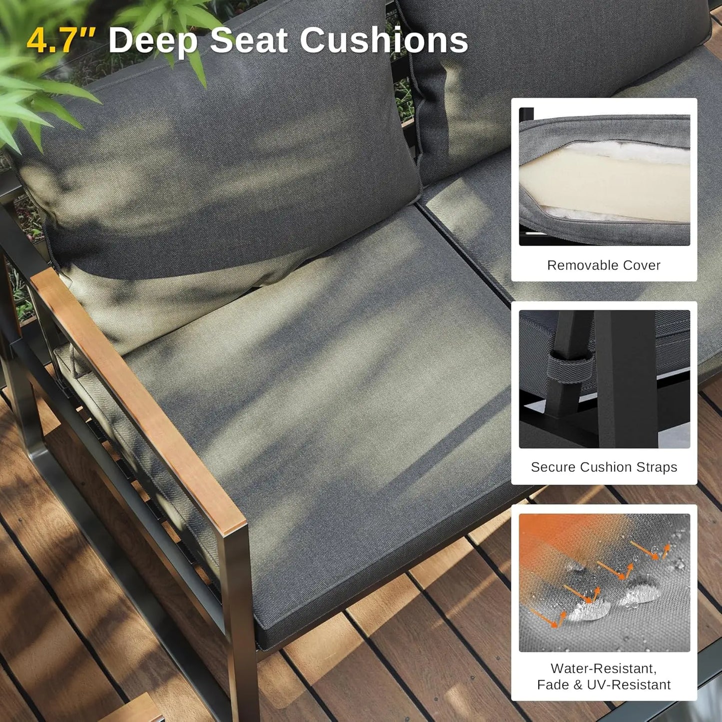 Courtyard Patio Furniture Set, 4-Piece Outdoor Patio Set with Sofa, Removable & Washable Deep Seating Cushion, Tempered , Black