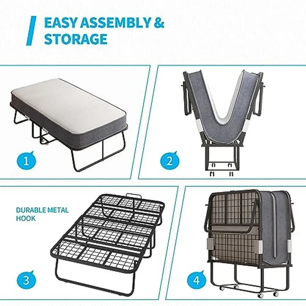4 Inch Memory Foam Folding Bed Rollaway Portable with Lockable Wheels Sturdy Metal Frame 330 lb Capacity Headboard & Dust