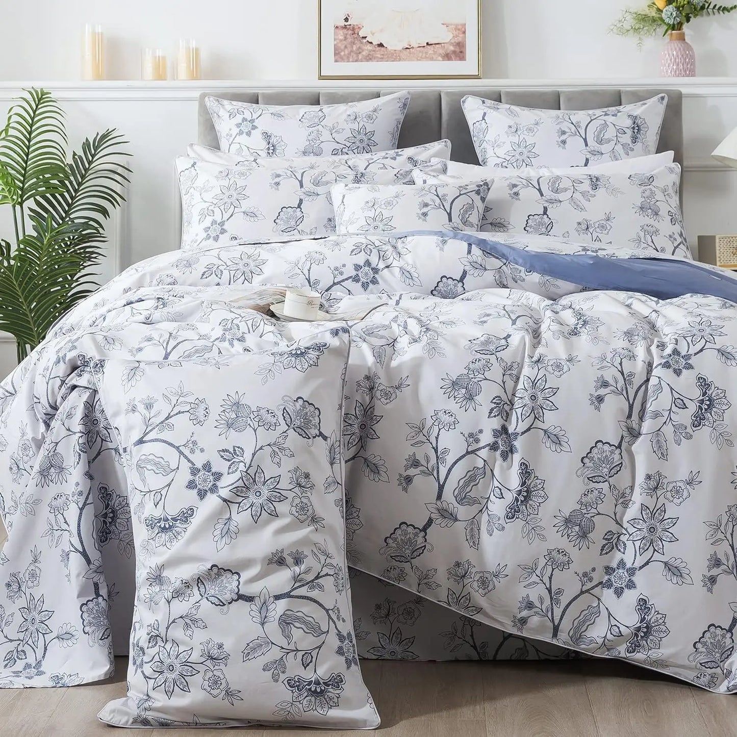 Floral Duvet Cover Queen 100% Cotton Blue Green Farmhouse Bedding Super Soft Reversible Striped Country Bed Purple Hydrangea