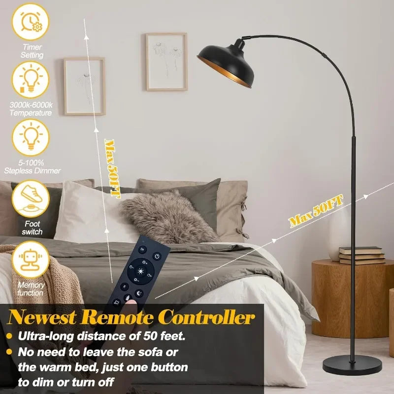 Arch Floor Lamps with Remote - Dimmable Floor Lamp 70”, Black Tall Lamp with 360° Adjustable Hanging Metal Shade, Arc Lamps