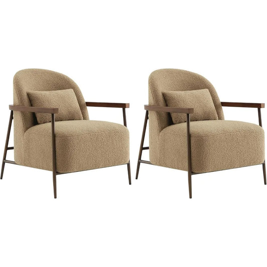 Accent Chair for Living Room Set of 2,Modern Upholstered Faux Sherpa Fabric Armchair with Metal Frame and Wooden Armrests, Camel