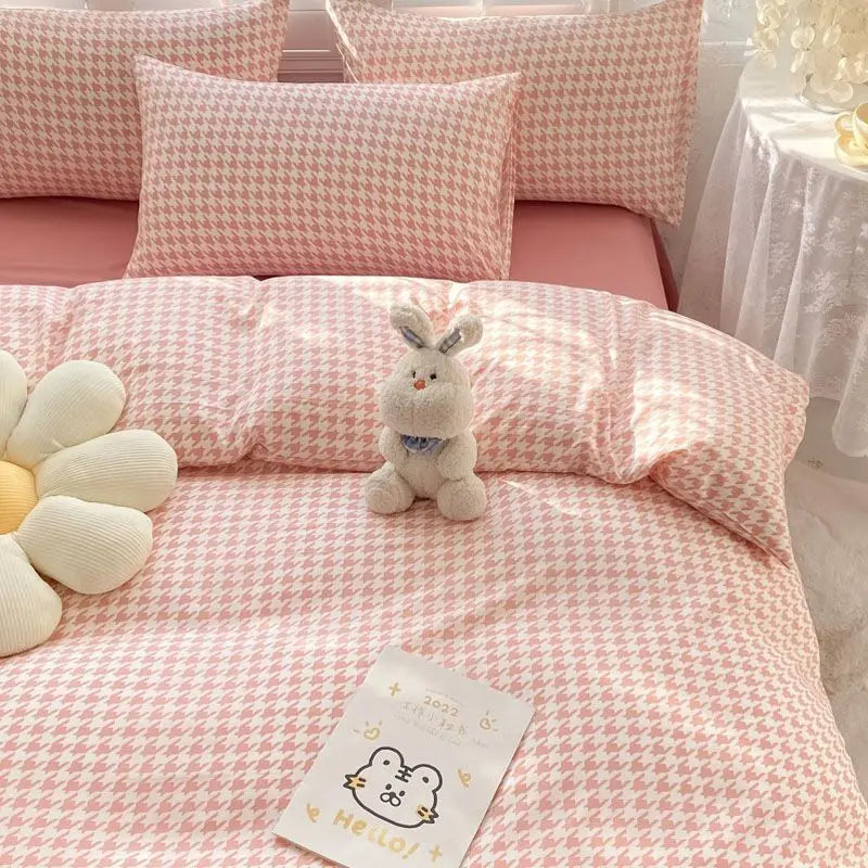 Green Grid Duvet Cover Set Ins Soft Bed Sheet Pillowcases No Filler Twin Queen Size 2024 New Spring Adult Kids Bedding Linens