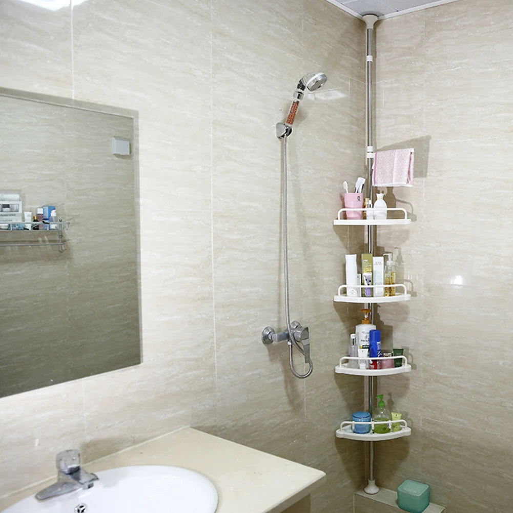 Corner Shower Caddy Tension Pole Bathroom Rust Proof Telescopic Rod 4 Tier Storage Rack Shower Organizer 120-310cm Adjustable