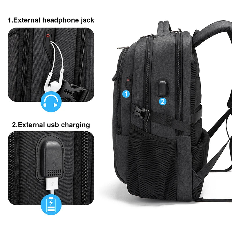 Men's 17.3 Inch Laptop Backpack for Travel College Backpack Waterproof Notebook Business Shoulder Bag With USB Charging Port