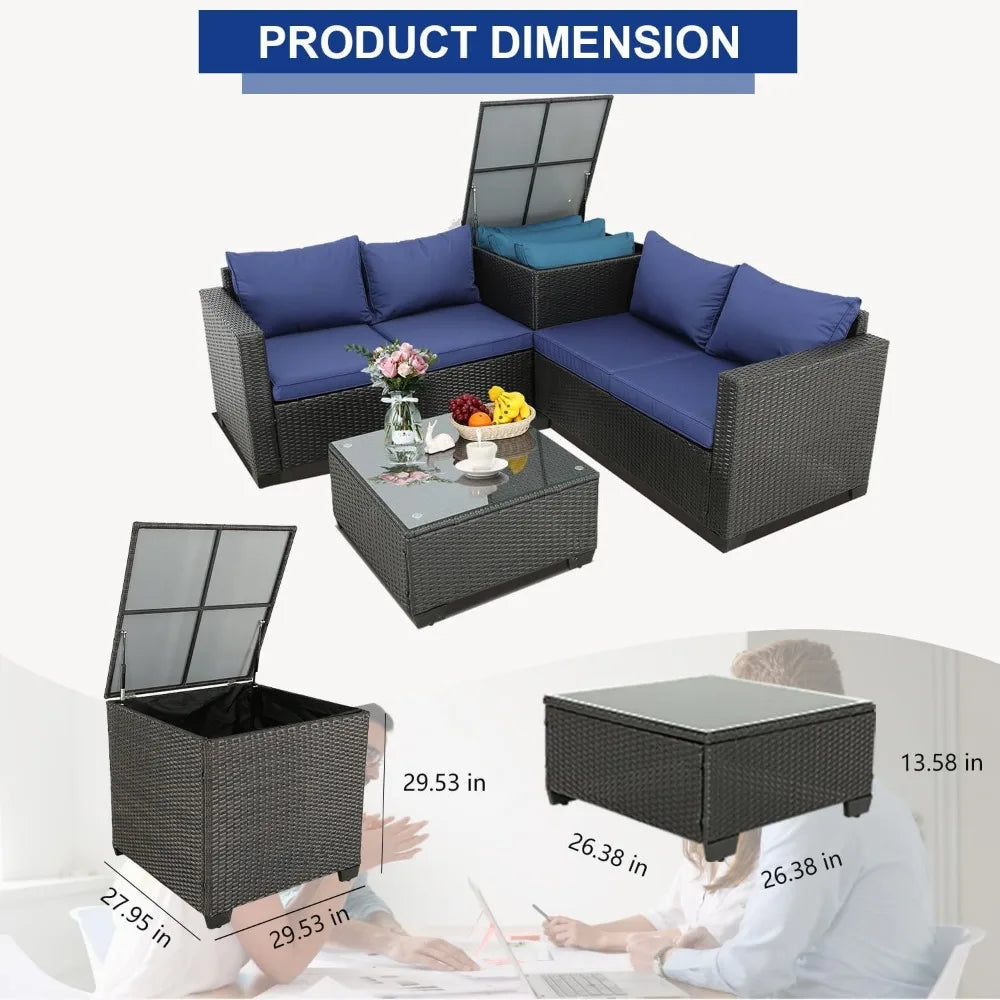 Outdoor Courtyard Furniture Set, Willow Sofa with Cushions and Coffee Table, Garden Outdoor Sofa Set, 4 Pcs