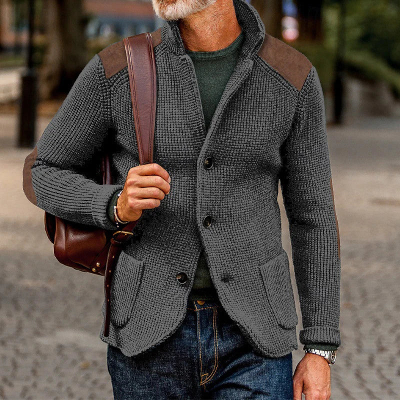 Vintage Patchwork Stand Collar Knitted Jackets Men Spring Casual Button Sweater Cardigan Mens Fashion Slim Knitting Sweatercoats