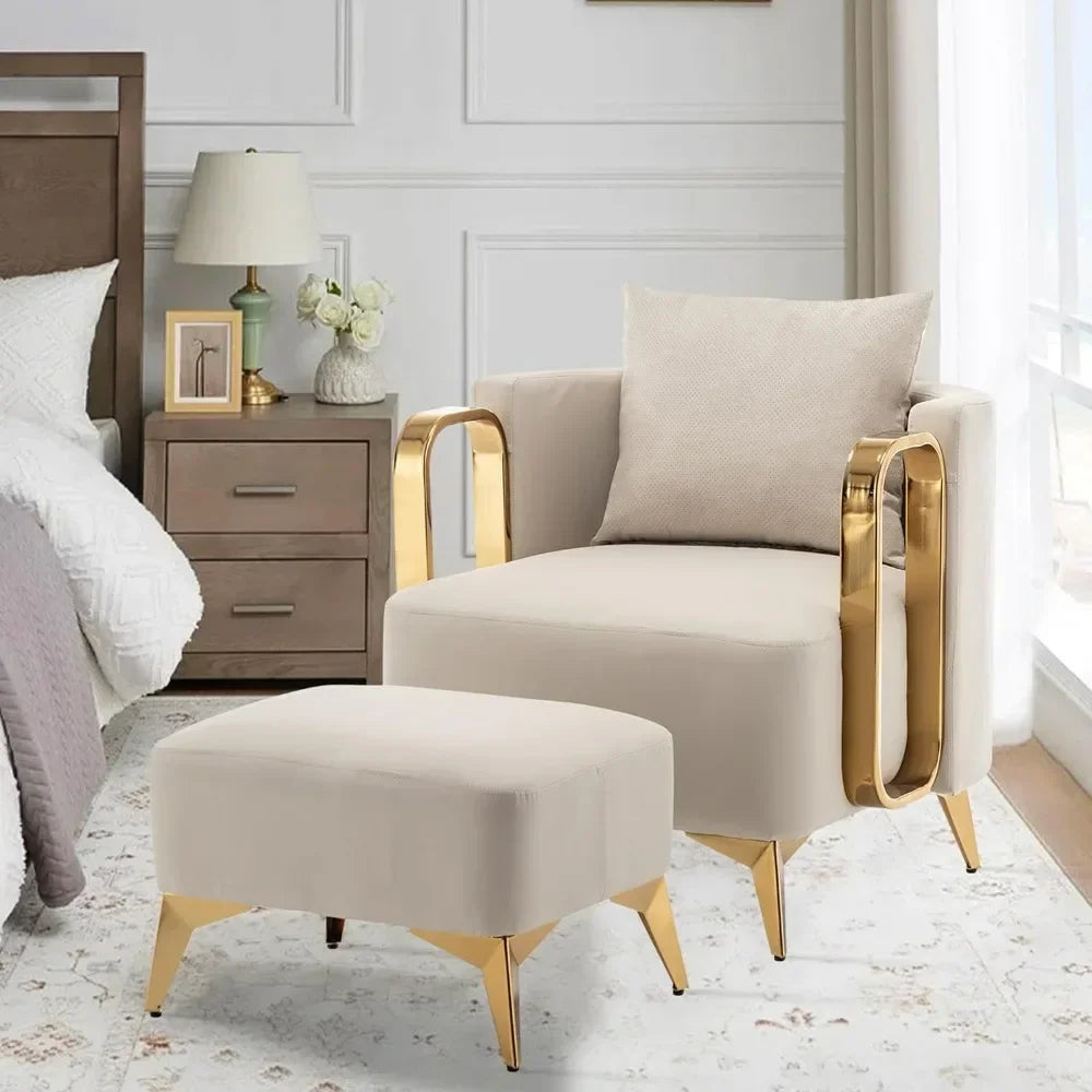 Chair with Ottoman,Faux Leather Upholstered  Reading Single Sofa chair Bedroom Living Room Office,Armchair with Metal Legs,Beige