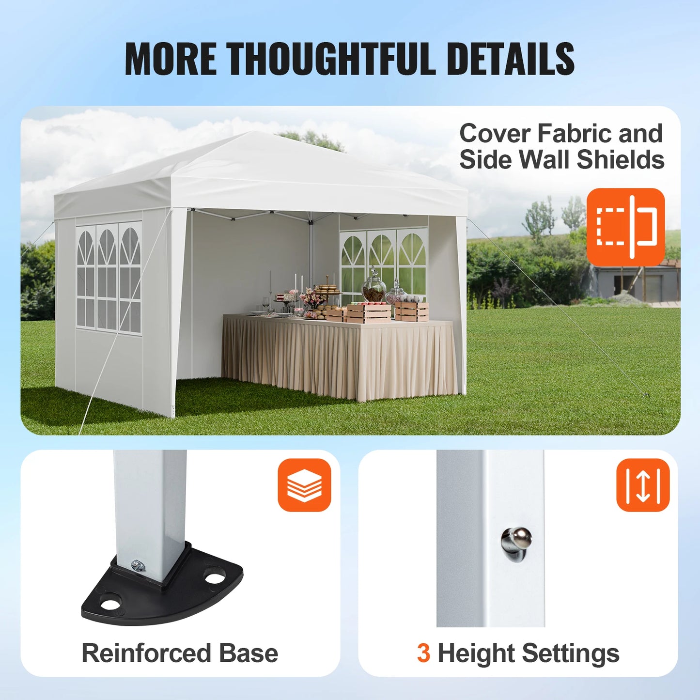 VEVOR Pop Up Canopy 10x10ft Instant Gazebo Tent Portable Easy Up Canopy 3 Height Settings Outdoor Sun Shelter for Vendor Events
