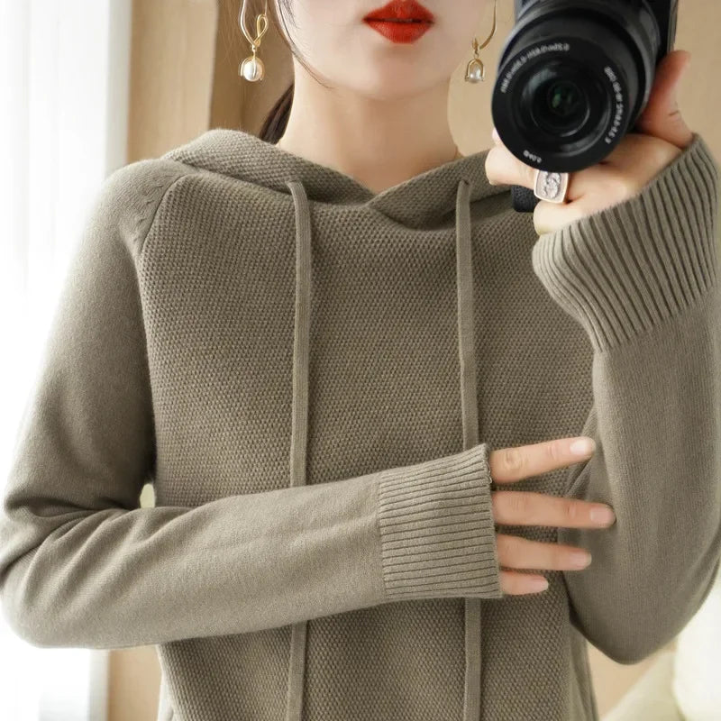 Hooded Sweater Woman Autumn Winter Long Sleeve Warm Bottoming Shirt Solid Casual Pullovers Knit Tops Korean Fashion Jumper 2024