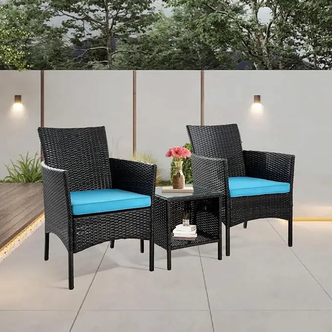 3-piece Outdoor Small Bar Set, Terrace Furniture Chairs, Black Wicker Porch Furniture with Glass Coffee Table