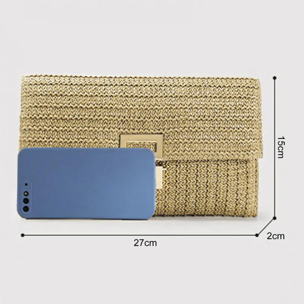Foldable Women Clutch Bag Envelope Shape Portable Bohemian Style Clutch Double-layer Straw Braided Summer Beach Vacation Handbag