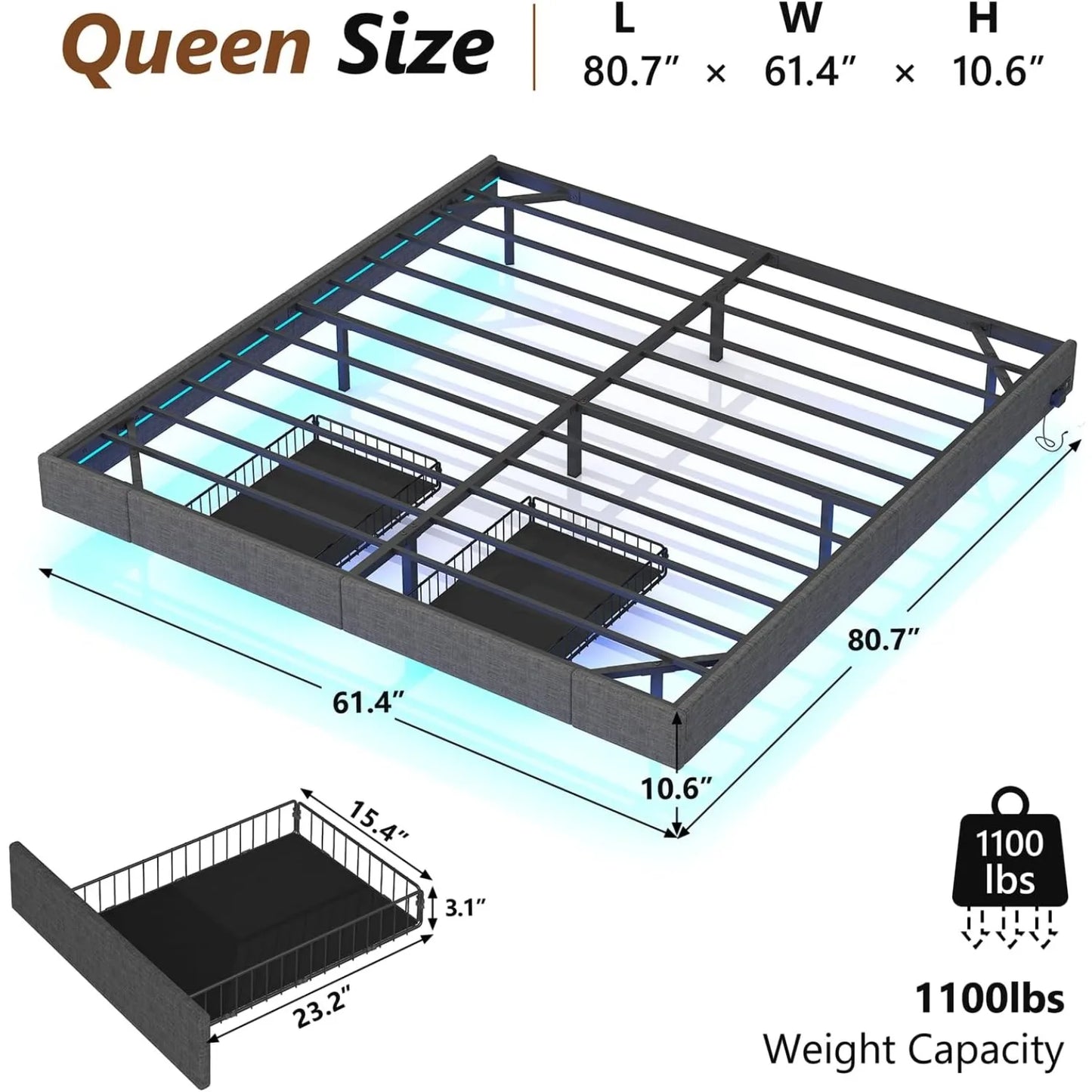 Floating Bed Frame with Storage Drawers & LED Lights, Upholstered Platform Metal Bed Frame with Charging Station, Easy Assembly
