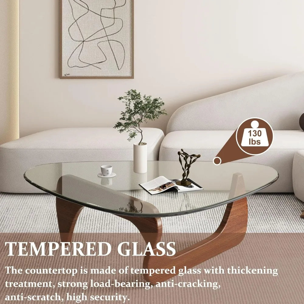 Coffee Tables  - Triangle Glass Coffee Table with Wooden Base Mid-Century Modern Abstract End Table for Study Room Office Hotel