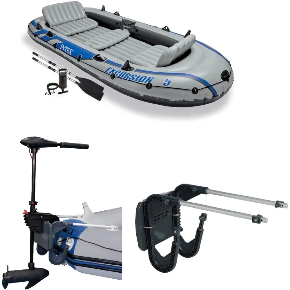 Excursion 5 Person Inflatable Boat Set with 2 Aluminum Oars and Pump, 12V Transom Mount Boat Trolling Motor