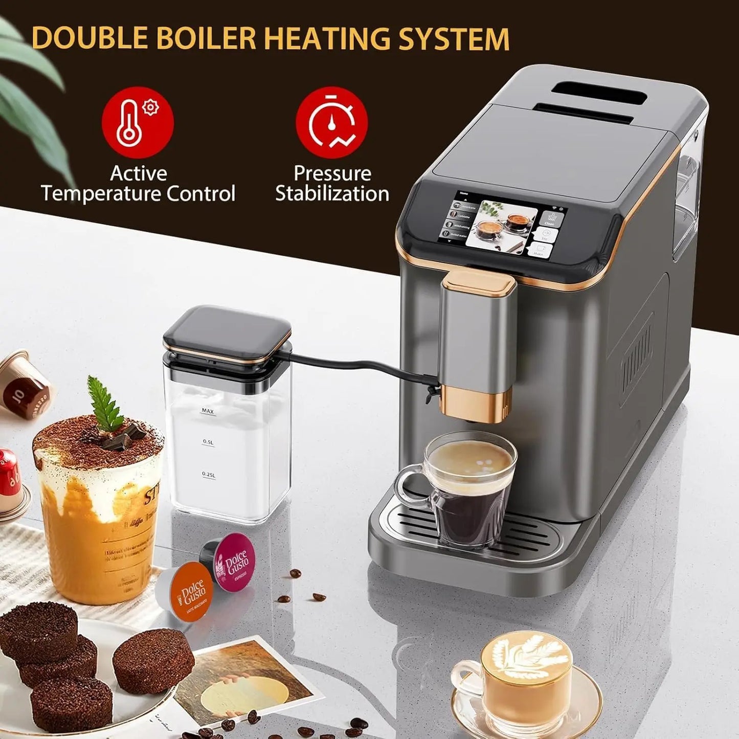 Grey Gold Fully Automatic Espresso Machine, 20 Bar Coffee Machine with Grinder & Automatic Milk Frother, One-Touch Control Panel
