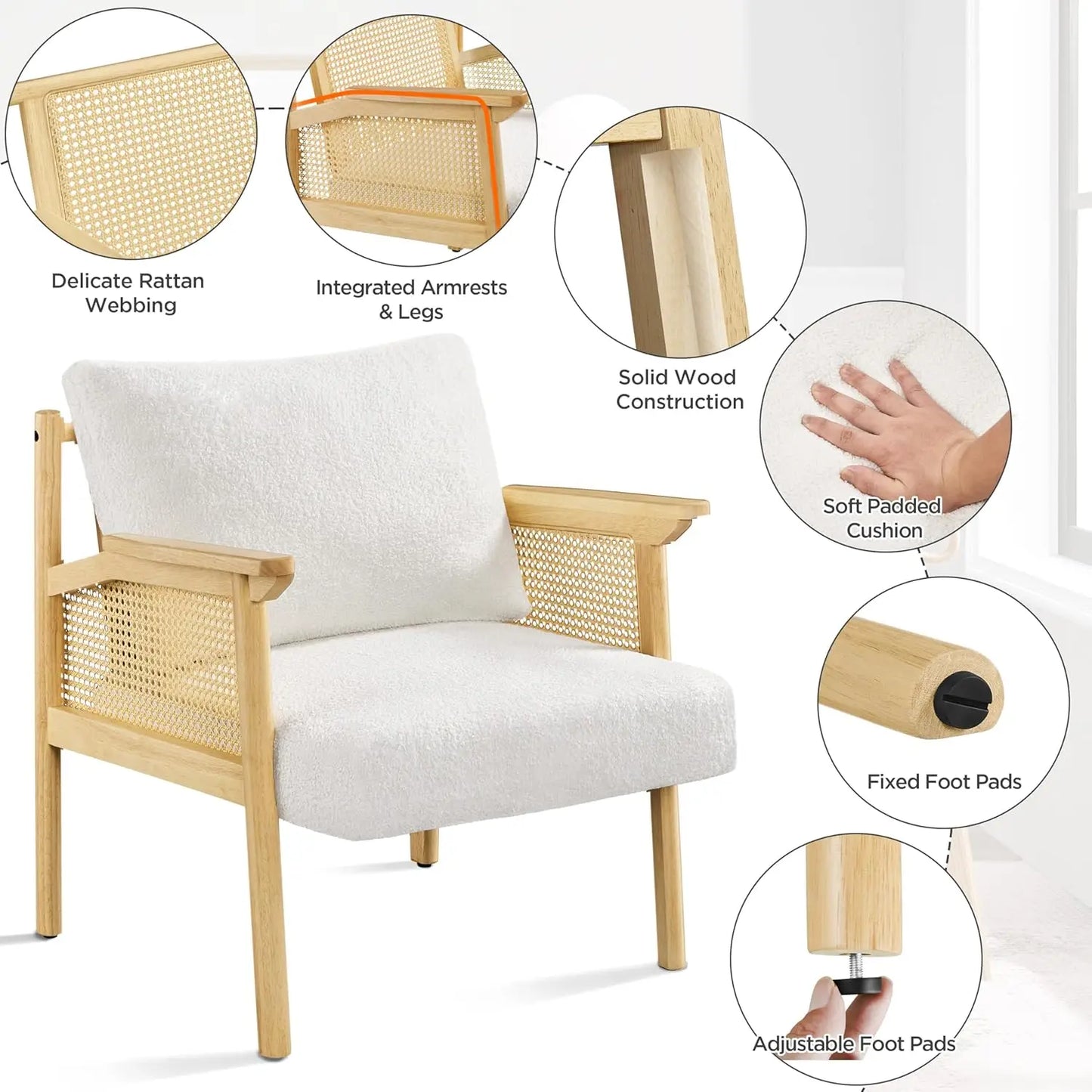 Accent Chair, Boucle Vanity Chair with Rattan Back Arms, Mid Century Chair Upholstered Living Room Chair Lounge Chair Bedroom
